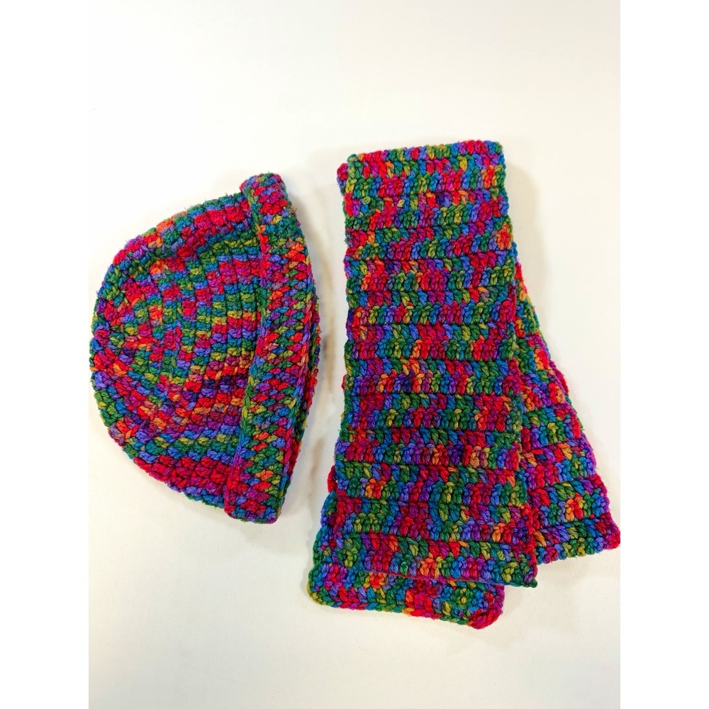 Handmade Crochet Hat Scarf Set Multi Color Rainbow Beanie Winter Wrap NWOT